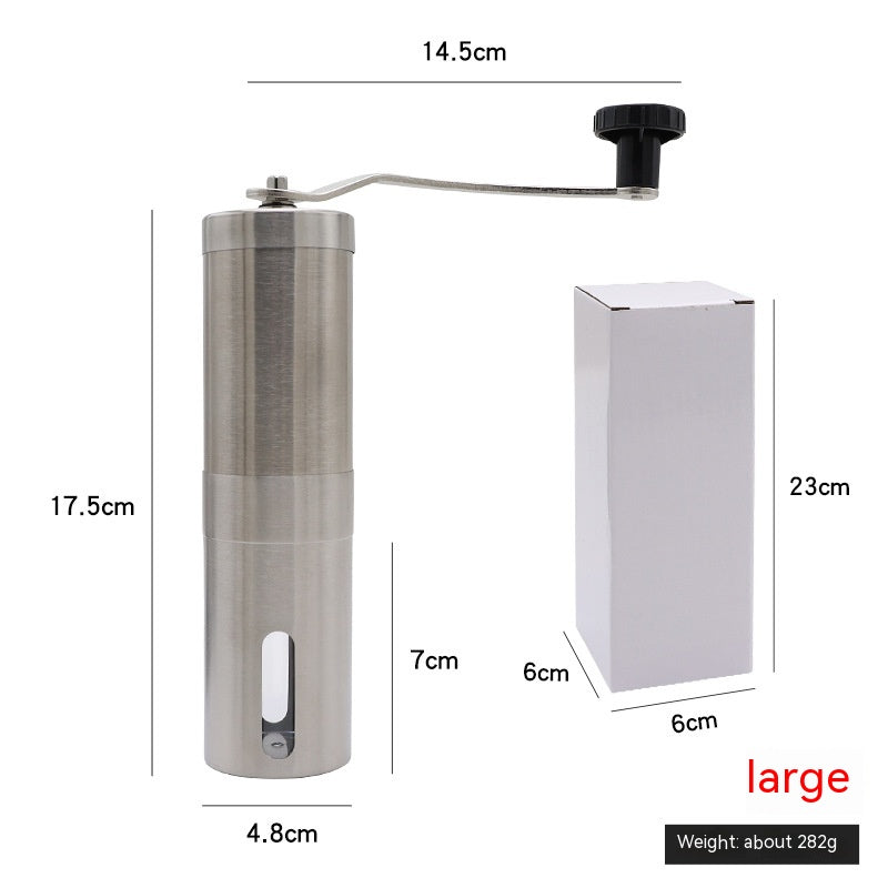 Handheld coffee grinder with dimensions and a box for scale on a white background