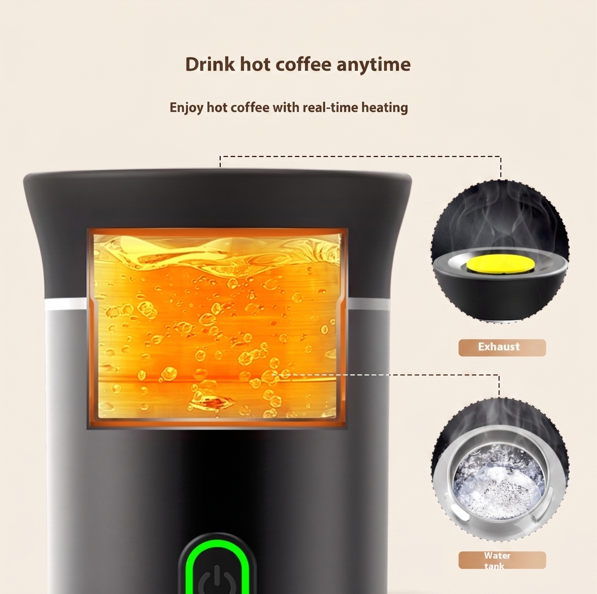 A dark gray coffee maker with a transparent window showing hot coffee inside, accompanied by text and circular inset diagrams explaining steam exhaust and water tank details on a light beige background.