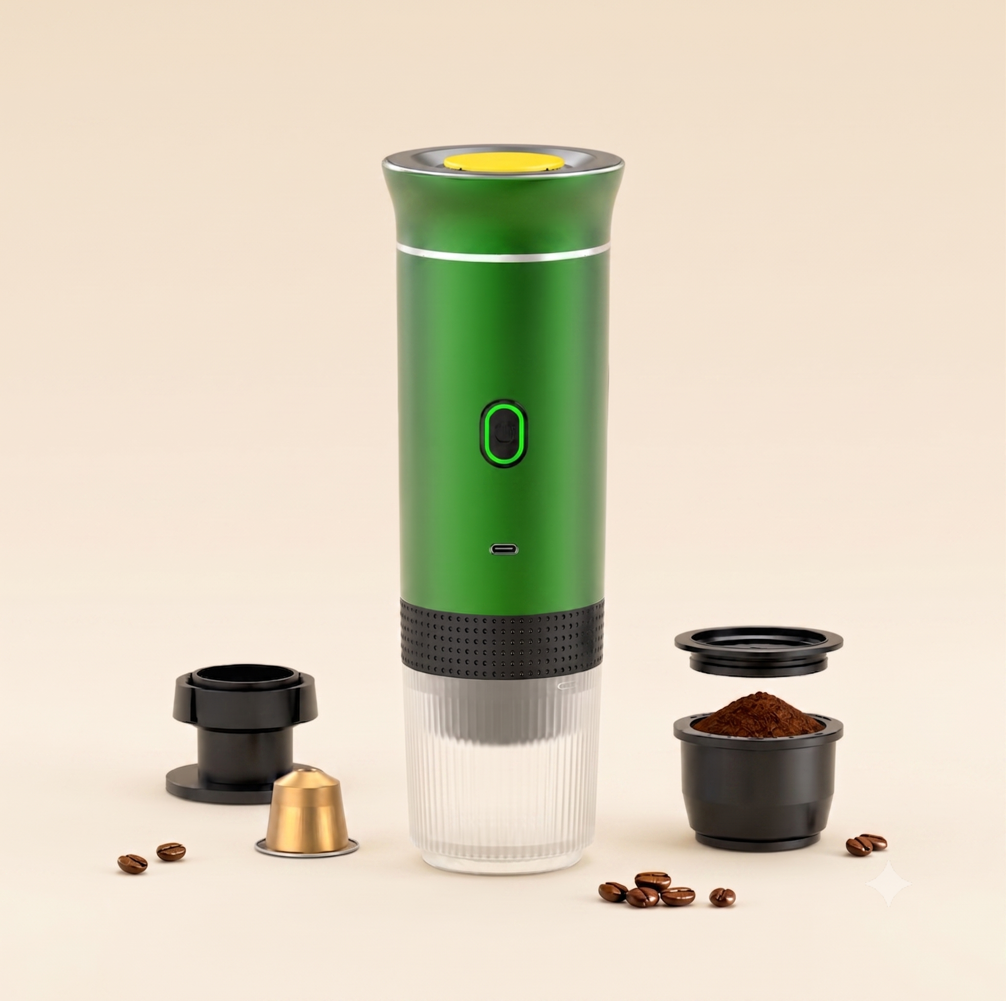 A green and black portable electric coffee grinder with a clear cup base, shown with its interchangeable parts and coffee beans on a light beige background.