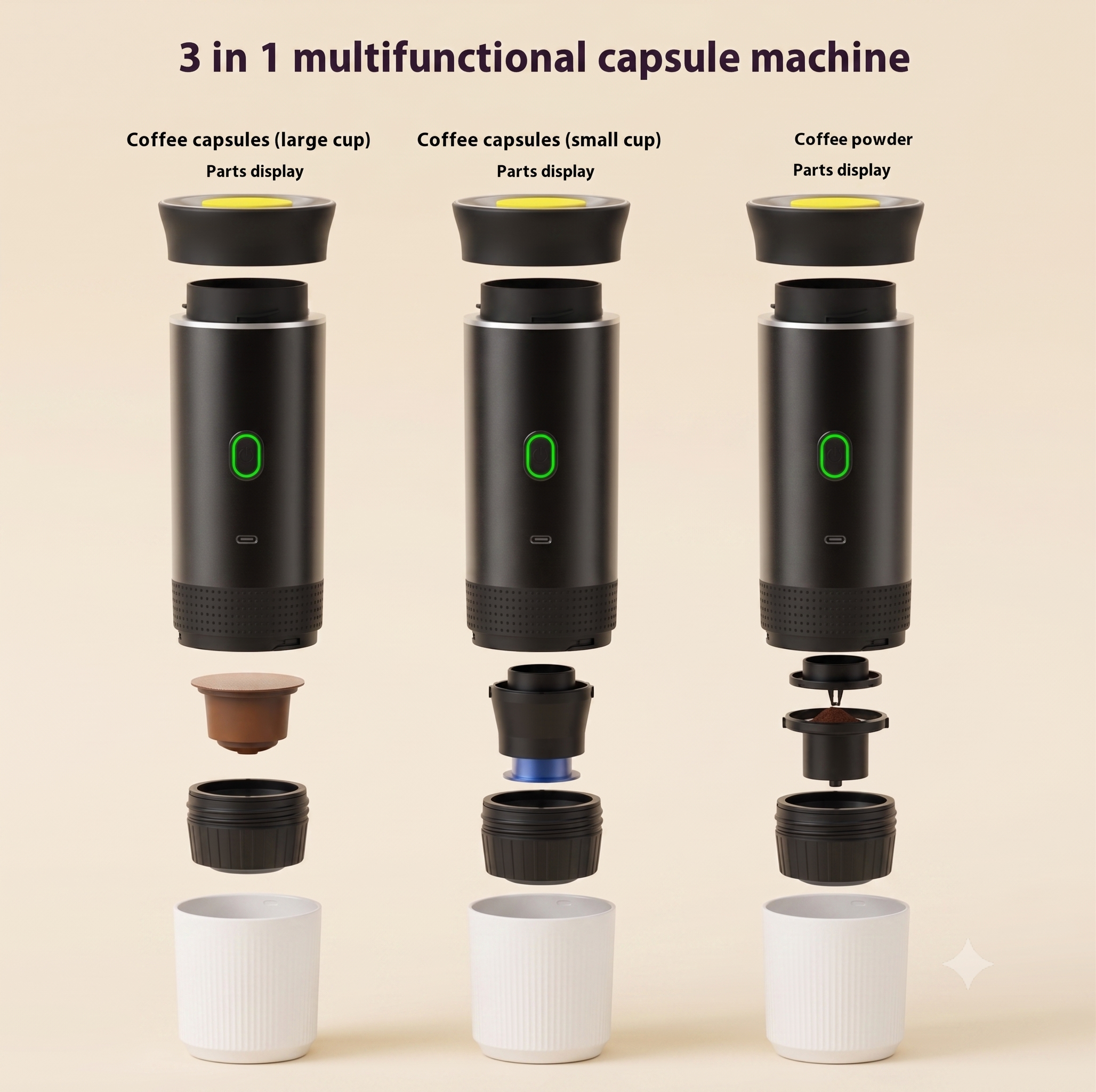 A 3-in-1 multifunctional capsule machine shown in an exploded view on a light beige background, displaying coffee capsules, coffee capsule parts, and coffee powder containers.