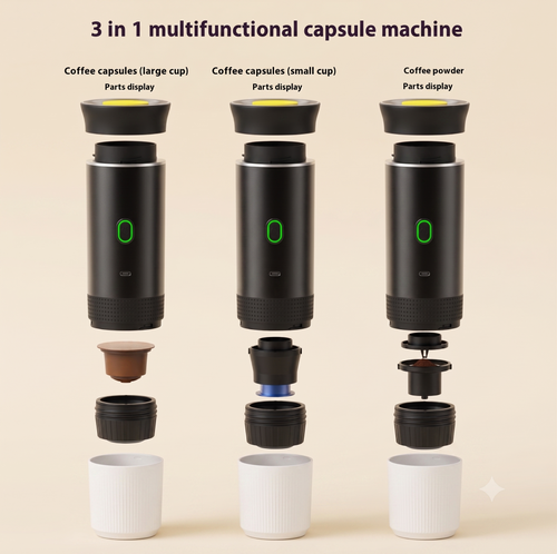 A 3-in-1 multifunctional capsule machine shown in an exploded view on a light beige background, displaying coffee capsules, coffee capsule parts, and coffee powder containers.