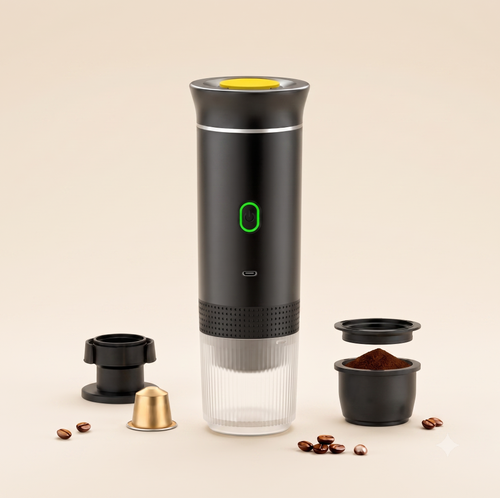 A portable electric coffee grinder with a black cylindrical body, clear lower chamber, green power indicator, and yellow top opening, shown with its detachable parts and coffee beans on a warm beige background.